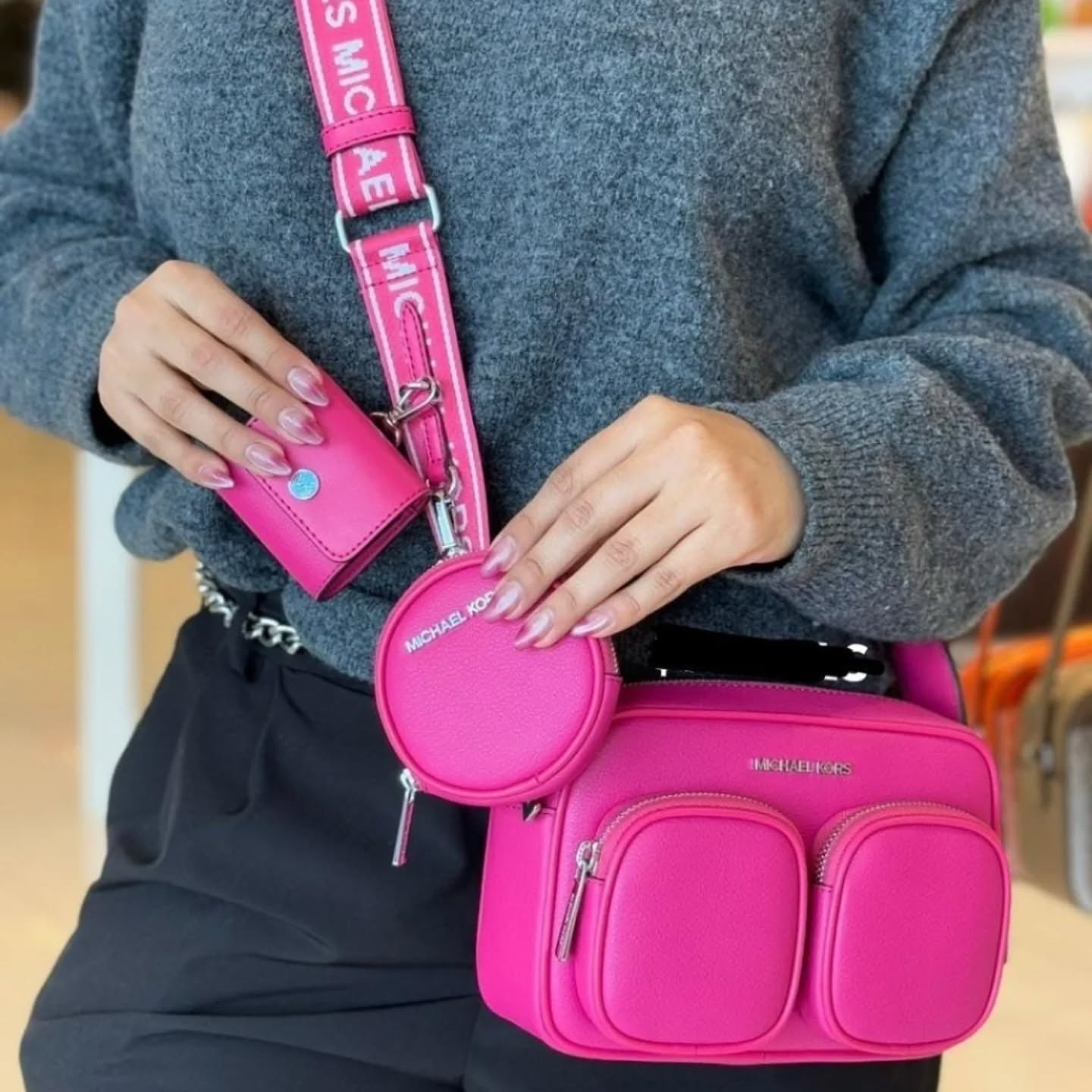 Jet Set Medium PINK Leather Crossbody Bag with Case for Apple Airpods Pro