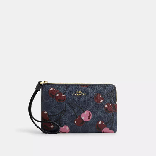Corner Zip Wristlet In Signature Canvas With Cherry Print