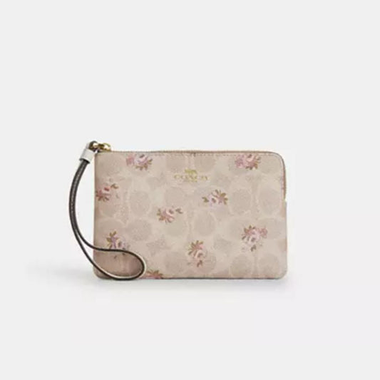 Corner Zip Wristlet In Signature Canvas With Floral Print